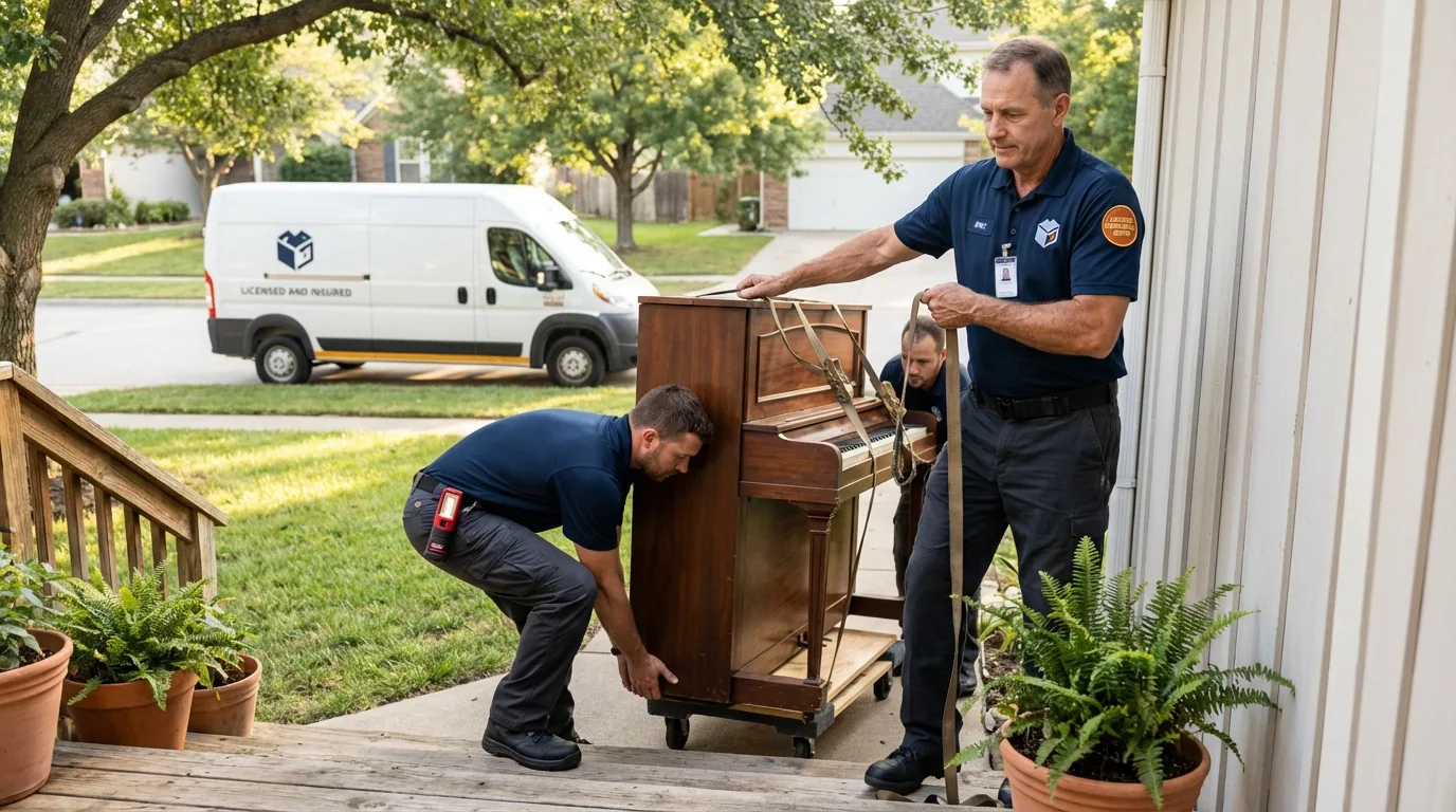 Licensed piano movers securing grand piano in Saint Paul, NE