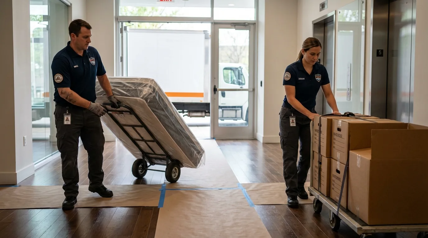 Professional apartment movers loading elevator in Saint Paul, NE